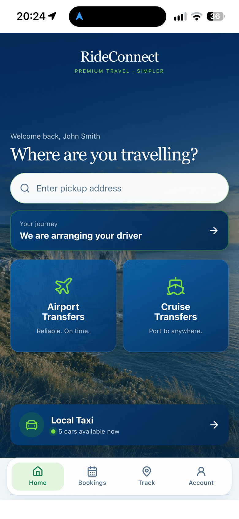 Passenger app home — local taxi, airport and cruise