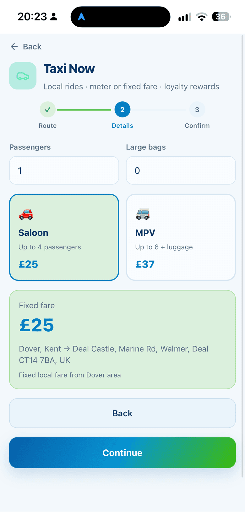 Taxi Now quote — saloon or MPV and the fixed fare