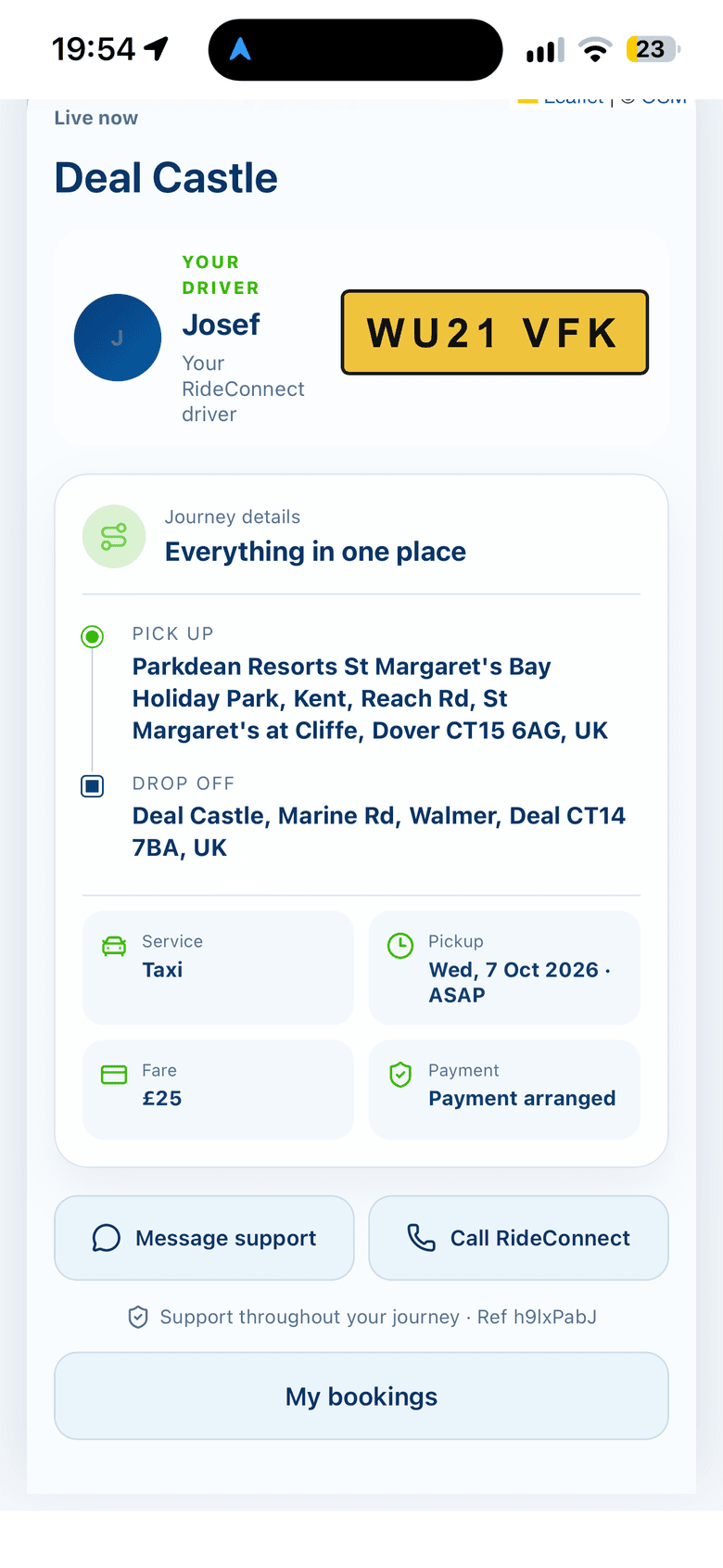 Journey details — pickup, drop-off, fare and payment